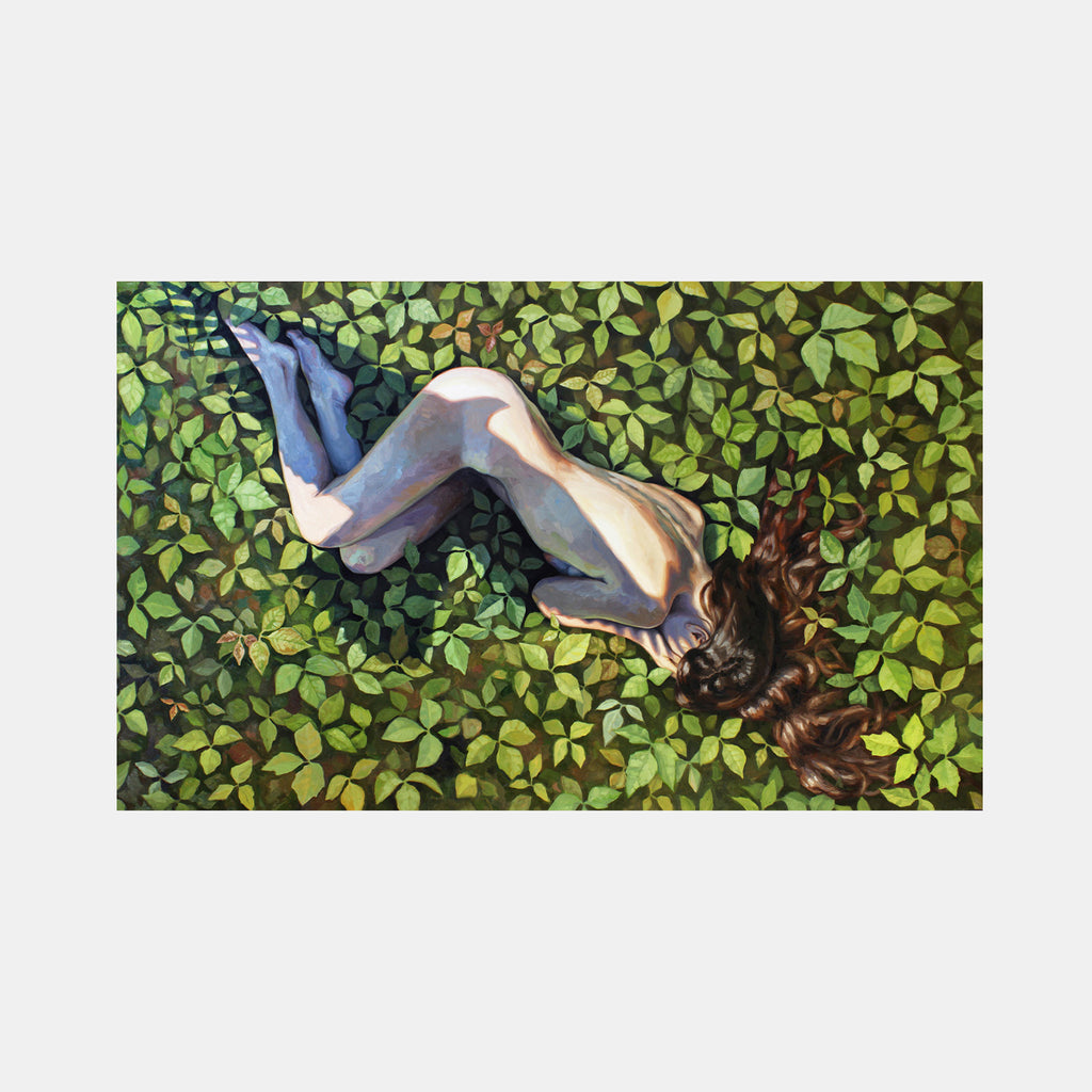 The artwork 'Leaves of Three (Don't Touch Me)' by Elody Gyekis depicts a reclining figure among vibrant green foliage patterns. The oil painting showcases a dynamic composition with a person laid back amidst detailed leaves, featuring rich contrasts between light skin tones and deep green vegetation. The realistic style captures interplay of light and shadow on a 36x60 inch canvas.