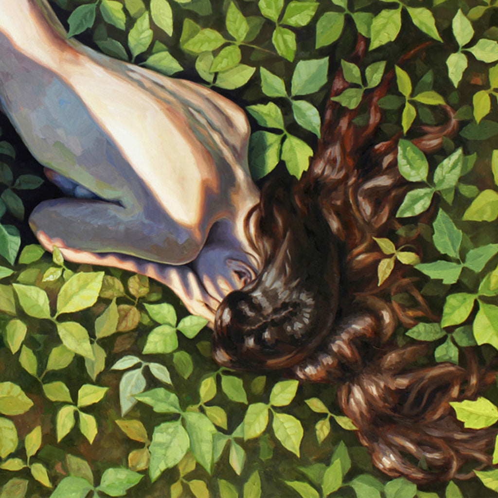 The artwork 'Leaves of Three (Don't Touch Me)' features a figure resting among vibrant green poison ivy leaves. The oil painting depicts contrasting light and dark elements, with pale skin tones against rich brown hair, surrounded by detailed leaf patterns in various shades of green. The composition creates a dramatic interplay of organic shapes and natural elements. By Elody Gyekis.