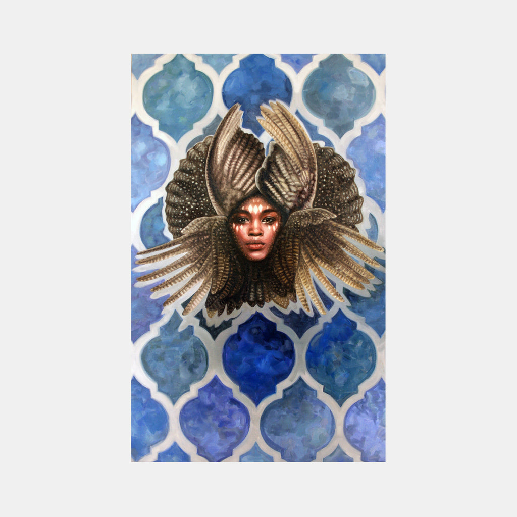 The artwork 'Seraphim 1 (Guinea)' by Elody Gyekis features a striking portrait against a blue Moroccan tile pattern background. Metallic bronze wings emerge from dark textured hair, creating an ethereal angelic form. The oil painting on Belgian linen combines deep cobalt blues and turquoise in a geometric pattern with rich metallic browns, showcasing masterful detail and spiritual symbolism.