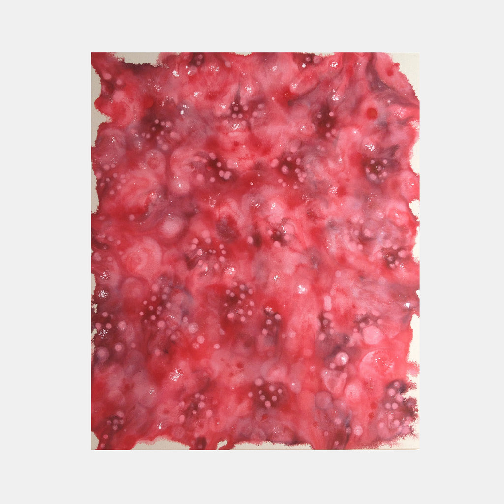 The artwork 'Raspberries Spilleth O'er' by Eric Jiaju Lee features a vibrant abstract composition in rich raspberry reds with organic circular patterns. The acrylic painting showcases a dreamy, watercolor-like texture with scattered white highlights creating depth and movement across the canvas. The ethereal bubbling effect suggests floating berries in a fluid medium.