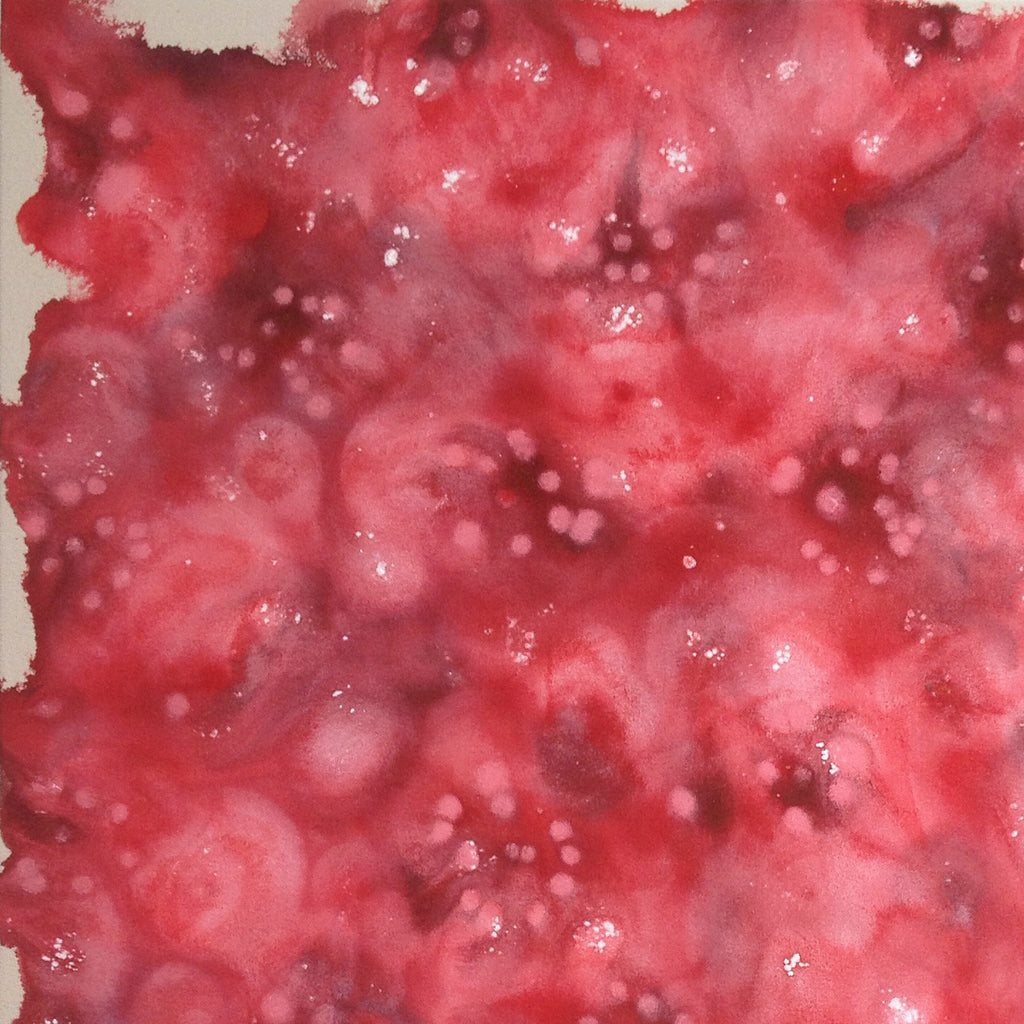 The artwork 'Raspberries Spilleth O'er' by Eric Jiaju Lee features a vibrant abstract composition in watercolor-like acrylic, showcasing deep crimson and raspberry tones with scattered white speckles resembling droplets. The ethereal texture creates a dreamy, floating effect across the 36x32 inch canvas, with varying intensities of red hues blending organically into one another by Eric Jiaju Lee.