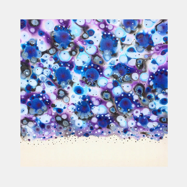 The artwork 'Sign o' the Times' by Eric Jiaju Lee features a mesmerizing abstract composition of vibrant blue and purple circular forms floating against a white background. The organic bubbles and spots create a cosmic effect, with deep cobalt centers surrounded by lighter periwinkle halos. Dark speckles scatter across the bottom, adding depth and movement to this 46x46 inch acrylic painting by Eric Jiaju Lee.