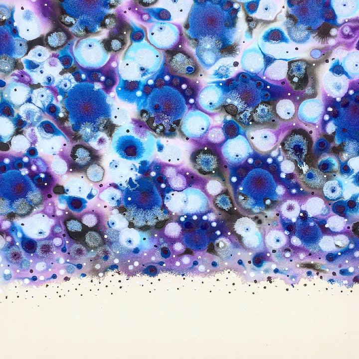 The artwork 'Sign o' the Times' by Eric Jiaju Lee features a dynamic abstract composition of vibrant circular forms in deep blues, purples, and white. The ethereal bubbles and spheres create a cosmic effect against a pristine white base, suggesting celestial bodies or microscopic organisms. The acrylic medium creates varying depths and translucent overlays across the 46x46 inch canvas. By Eric Jiaju Lee.