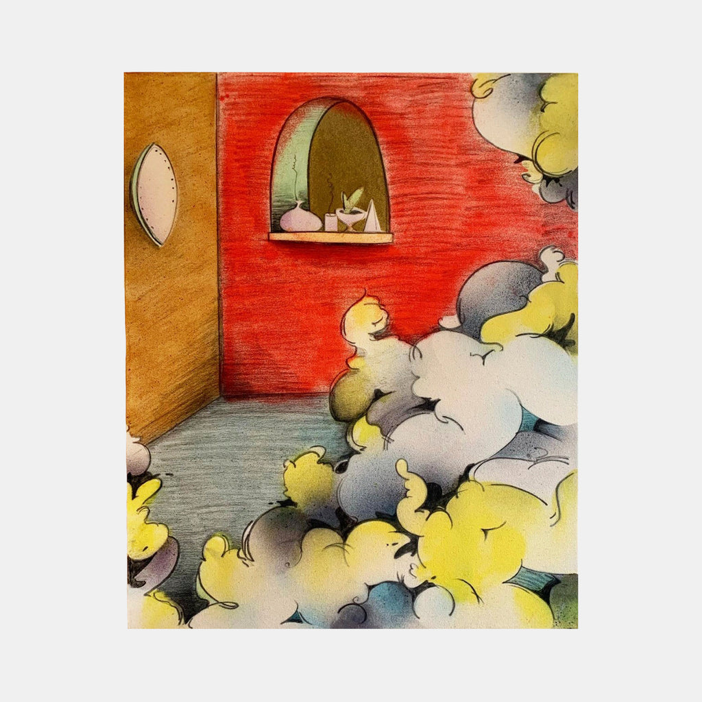 The artwork 'Hey man drink up, smug dumbass got us all wet again' by Evan Peltzman features a whimsical watercolor scene with billowing yellow-grey clouds filling a room with grey flooring. A vibrant red wall contains an arched window niche, while a brown wall with oval detail intersects at the corner. The expressive watercolor and charcoal technique creates a dreamy, atmospheric quality through soft color transitions and gestural strokes.