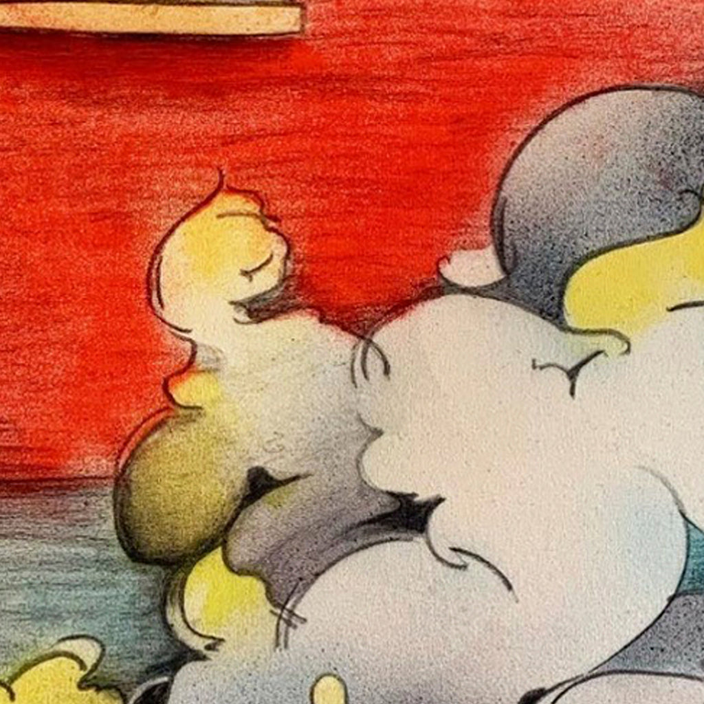 The artwork 'Hey man drink up, smug dumbass got us all wet again' by Evan Peltzman features abstract cloud-like forms in white, yellow, and gray against a vivid red background. Watercolor and charcoal techniques create fluid, ethereal shapes with dynamic movement. The composition suggests whimsical atmospheric elements on canvas, measuring 34.5 x 28 inches.