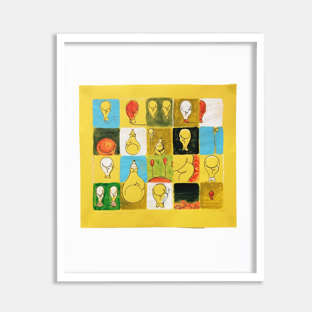 The artwork 'Shortage—thirty yards' by Evan Peltzman features a grid-like composition of whimsical light bulb illustrations against a vibrant yellow background. The mixed-media piece combines ink and acrylic, depicting stylized bulbs in varying poses and expressions, arranged in colorful squares of blue, red, and green, creating a playful and modern aesthetic in a white frame.
