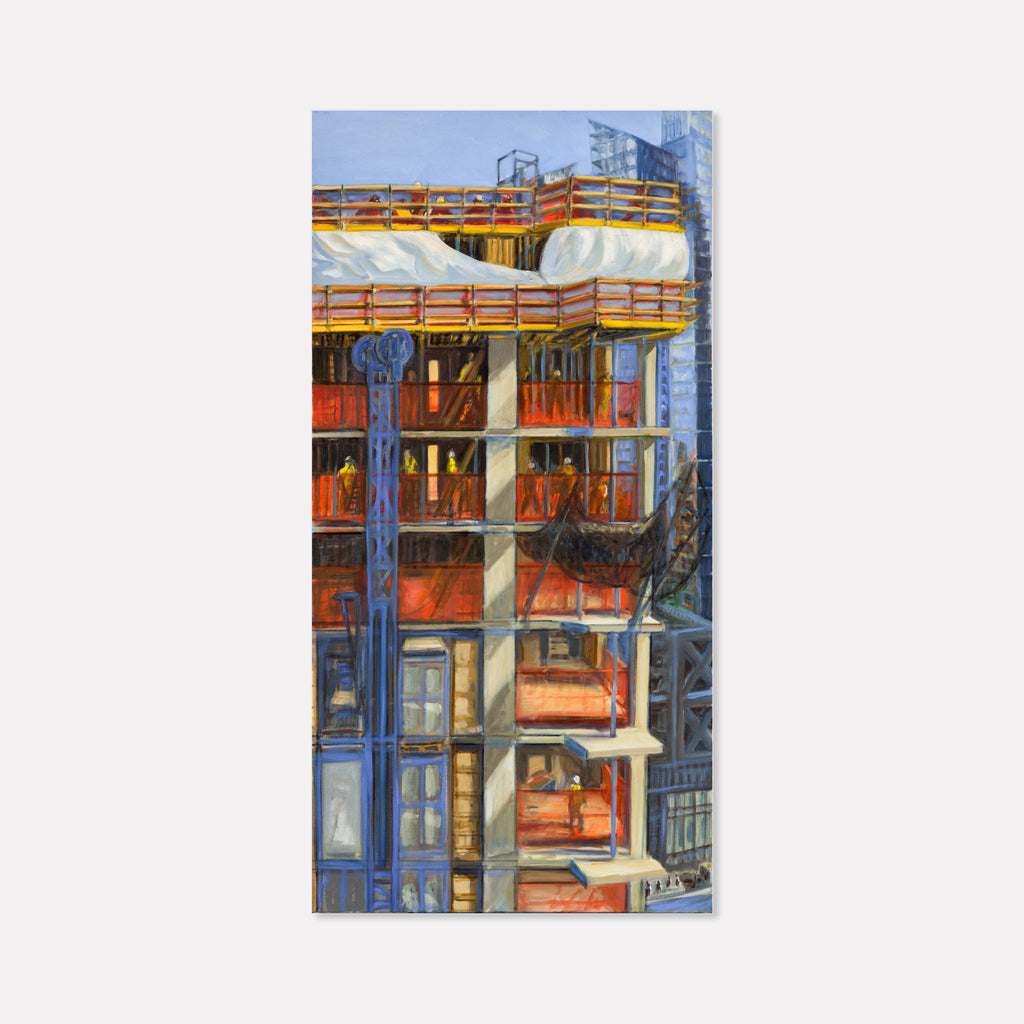 The artwork 'Early Morning Work Site' by Gwyneth Leech depicts a vertical urban construction scene with multiple levels of scaffolding and safety barriers in orange and blue. White protective wrapping contrasts against the structural steel framework, while morning light creates dramatic shadows across the building's industrial facade. Oil on canvas, 48x24 inches.