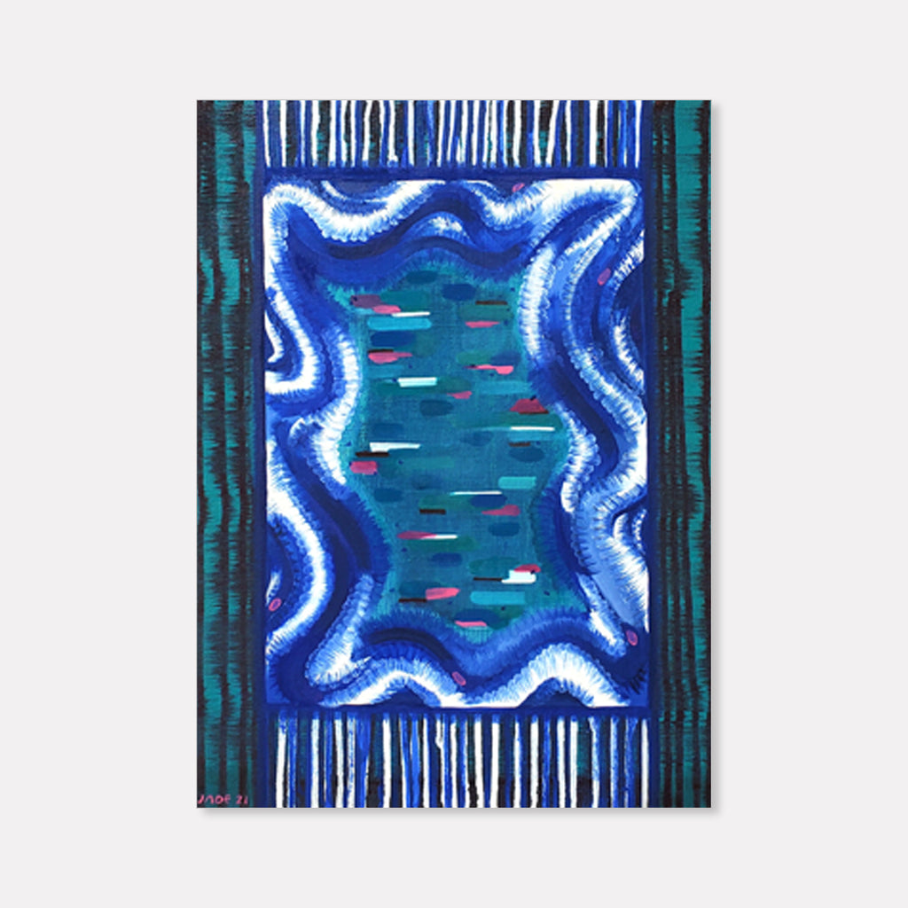 The artwork 'Eddy' by Jade Chan features a vibrant abstract composition with flowing wave-like patterns in bright blue and white, framed by vertical striped borders in deep teal. The central pool-like area contains small pink and white horizontal brushstrokes floating on a turquoise background, creating a dynamic aquatic effect. Oil on canvas, 22x16 inches by Jade Chan.
