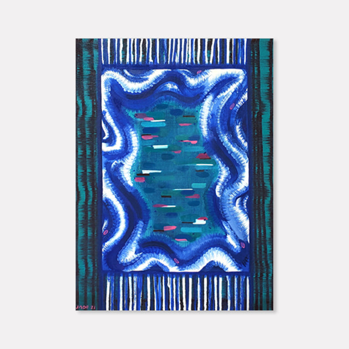 The artwork 'Eddy' by Jade Chan features a vibrant abstract composition with flowing wave-like patterns in bright blue and white, framed by vertical striped borders in deep teal. The central pool-like area contains small pink and white horizontal brushstrokes floating on a turquoise background, creating a dynamic aquatic effect. Oil on canvas, 22x16 inches by Jade Chan.