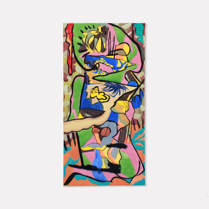 The artwork 'Edge to Edge' by Winnie Sidharta features a vibrant abstract composition with bold, curved lines creating dynamic forms in watercolor. The piece combines bright blues, yellows, greens, and pinks in a playful, rhythmic pattern. Organic shapes flow across the stretched paper, suggesting movement and energy through expressive brushstrokes and fluid color transitions.