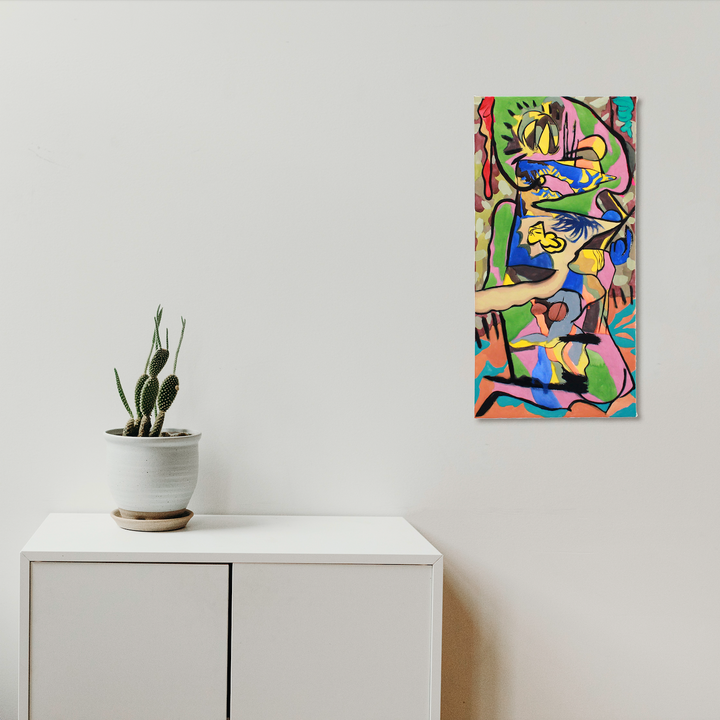 The artwork 'Edge to Edge' by Winnie Sidharta features vibrant abstract watercolor composition with bold geometric shapes in turquoise, green, yellow, and red. Dynamic curved lines and angular forms create a rhythmic, cubist-inspired design on stretched paper, measuring 18x36 inches, perfect for modern interior decor. By Winnie Sidharta.