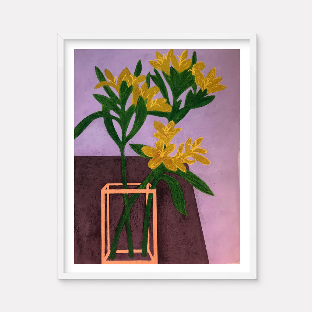 The artwork 'Edwin's Flowers' by Angela A'Court features vibrant yellow blooms with green stems and leaves arranged in a geometric orange vase against a two-toned background of deep brown and soft lilac. The soft pastel rendering creates a modern, minimalist interpretation of a floral still life, framed in crisp white. By Angela A'Court.