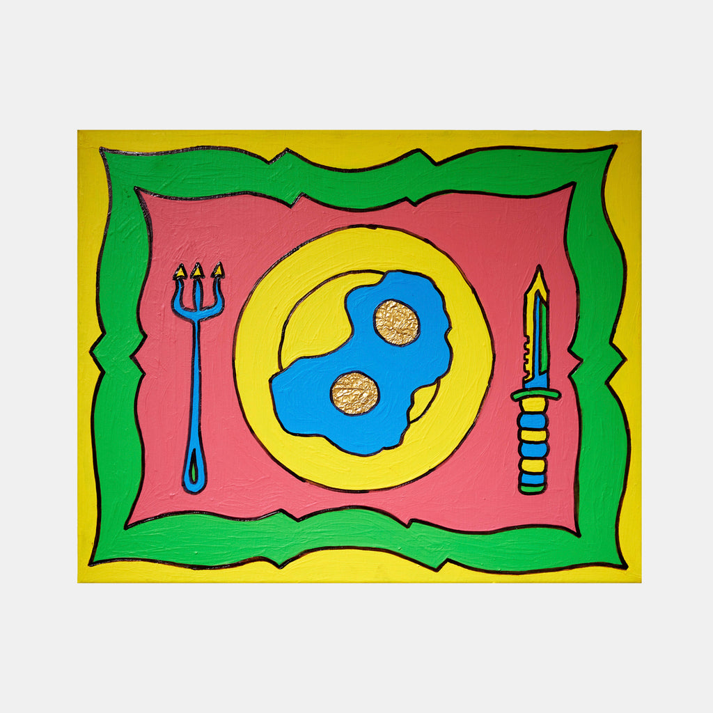 The artwork 'Eggs in Hell' by Marco DaSilva features a bold composition with a bright pink center framed by green and yellow borders. Two fried eggs in blue sit within a yellow circle, flanked by a blue pitchfork and a multicolored knife. The piece combines latex paint with gold accents and marker details on canvas, creating a playful pop art aesthetic.