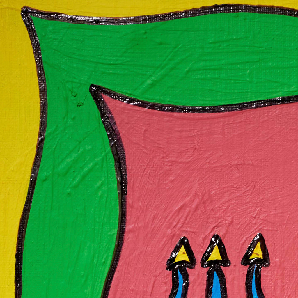 The artwork 'Eggs in Hell' by Marco DaSilva features bold geometric shapes with vibrant yellow, green, and pink color blocks outlined in textured black borders. Three small triangular shapes with blue bases appear against the pink section, creating a striking contrast. The mixed media piece combines latex paint, gold paint, tinfoil, and marker on canvas.