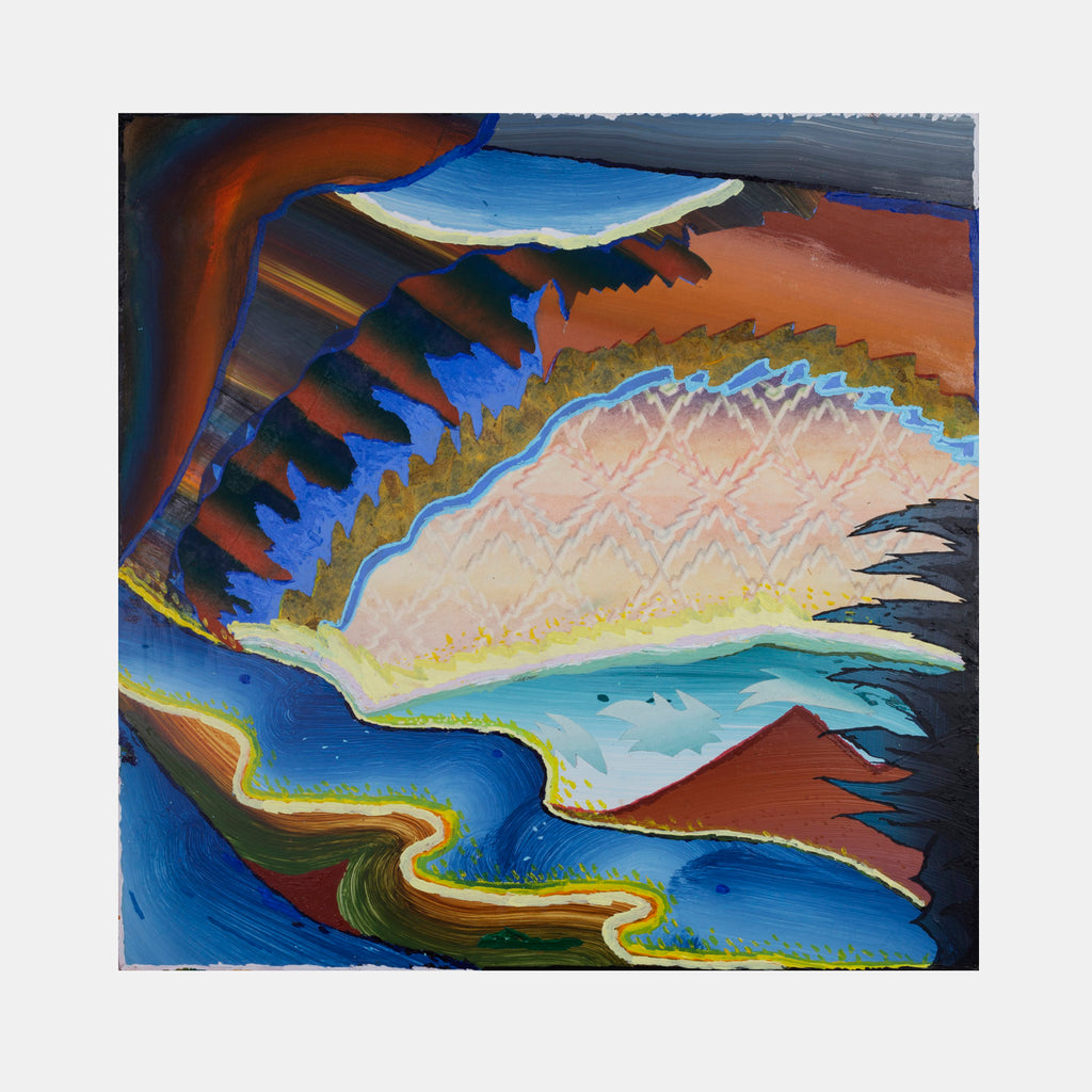 The artwork 'Elevendee' by Jack Wood features a dynamic abstract landscape with sweeping curves and jagged edges. Vibrant blues, oranges, and earth tones create fluid, wave-like patterns. The composition combines smooth acrylic textures with contrasting spray paint effects, suggesting a coastal or mountainous terrain viewed from above. - Jack Wood