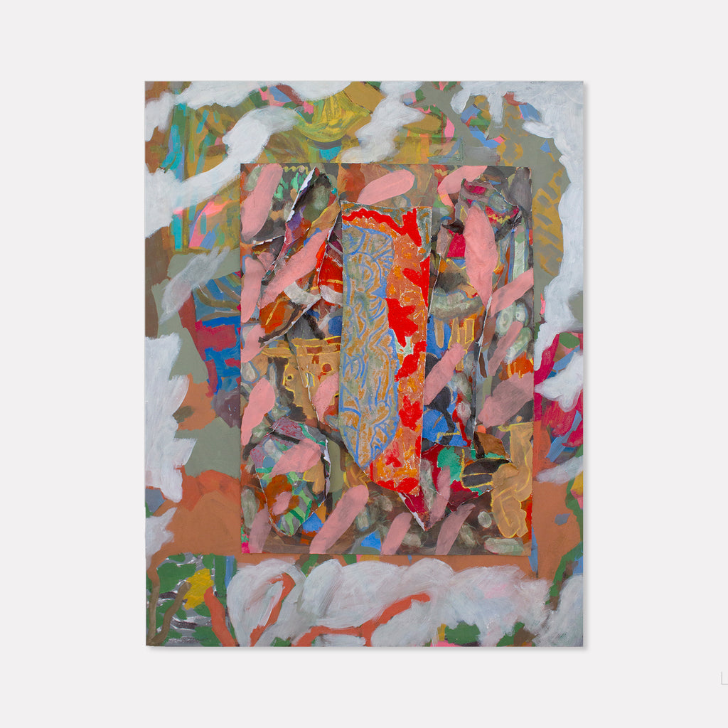 The artwork 'Elsewhere Within Here' by Winnie Sidharta features a vibrant abstract collage composition with layered torn papers and acrylic elements. Dynamic strokes of salmon pink, teal, and golden ochre interact with muted grays and earthy browns. A striking vertical red band with intricate patterns anchors the center, while organic shapes and textural elements create depth through overlapping forms. The mixed media piece combines geometric and