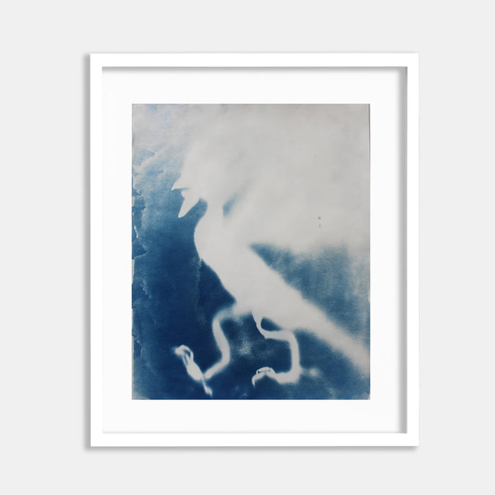 The artwork 'Embryonic Stage 2' by Johanna Ryan features a mesmerizing cyanotype print in deep Prussian blue and white. Abstract organic forms create fluid, ethereal shapes suggesting embryonic development. The composition displays delicate swirling patterns against a rich blue background, showcasing the unique photographic process of cyanotype on paper, framed in classic white.