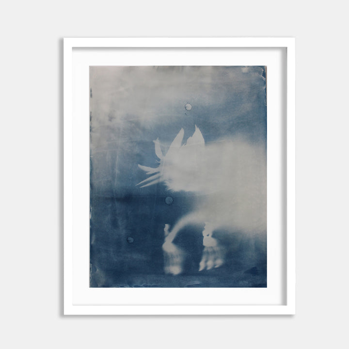 The artwork 'Embryonic Stage 8' by Johanna Ryan features an ethereal cyanotype print showing abstract white forms floating against a deep indigo blue background. The composition captures ghostly organic shapes resembling botanical specimens or cellular structures, created through the distinctive photographic process that produces rich Prussian blue tones. Framed in white, this 24x19 inch artwork on paper combines scientific and artistic elements.