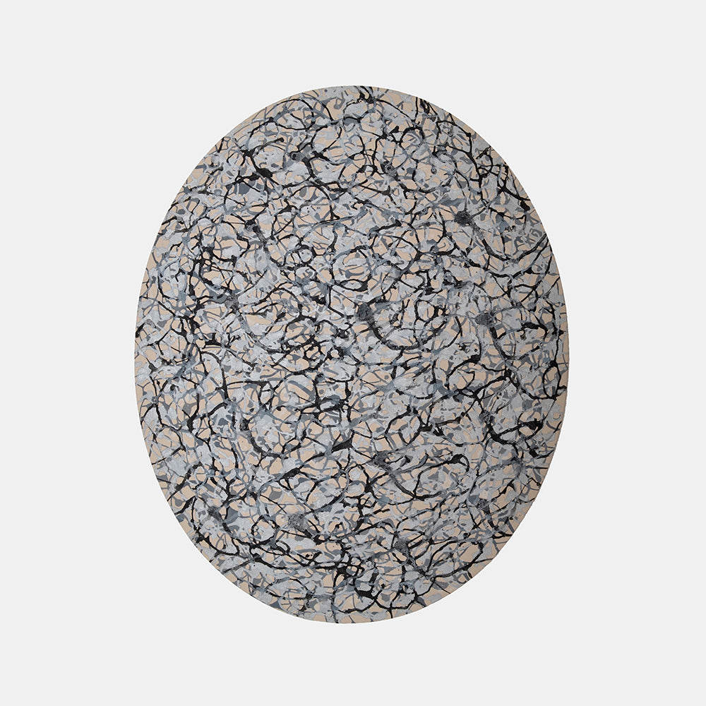 The artwork 'Emergent Volution' by Eric Jiaju Lee features an intricate web of black flowing lines creating an organic pattern across a silvery-gray background. The abstract composition resembles cracked earth or neural networks, with delicate brushstrokes interweaving throughout the oval-shaped canvas, creating depth and movement in acrylic paint.