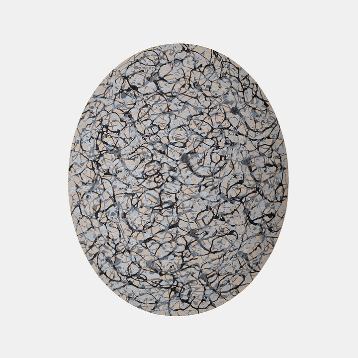 The artwork 'Emergent Volution' by Eric Jiaju Lee features an intricate web of black flowing lines creating an organic pattern across a silvery-gray background. The abstract composition resembles cracked earth or neural networks, with delicate brushstrokes interweaving throughout the oval-shaped canvas, creating depth and movement in acrylic paint.