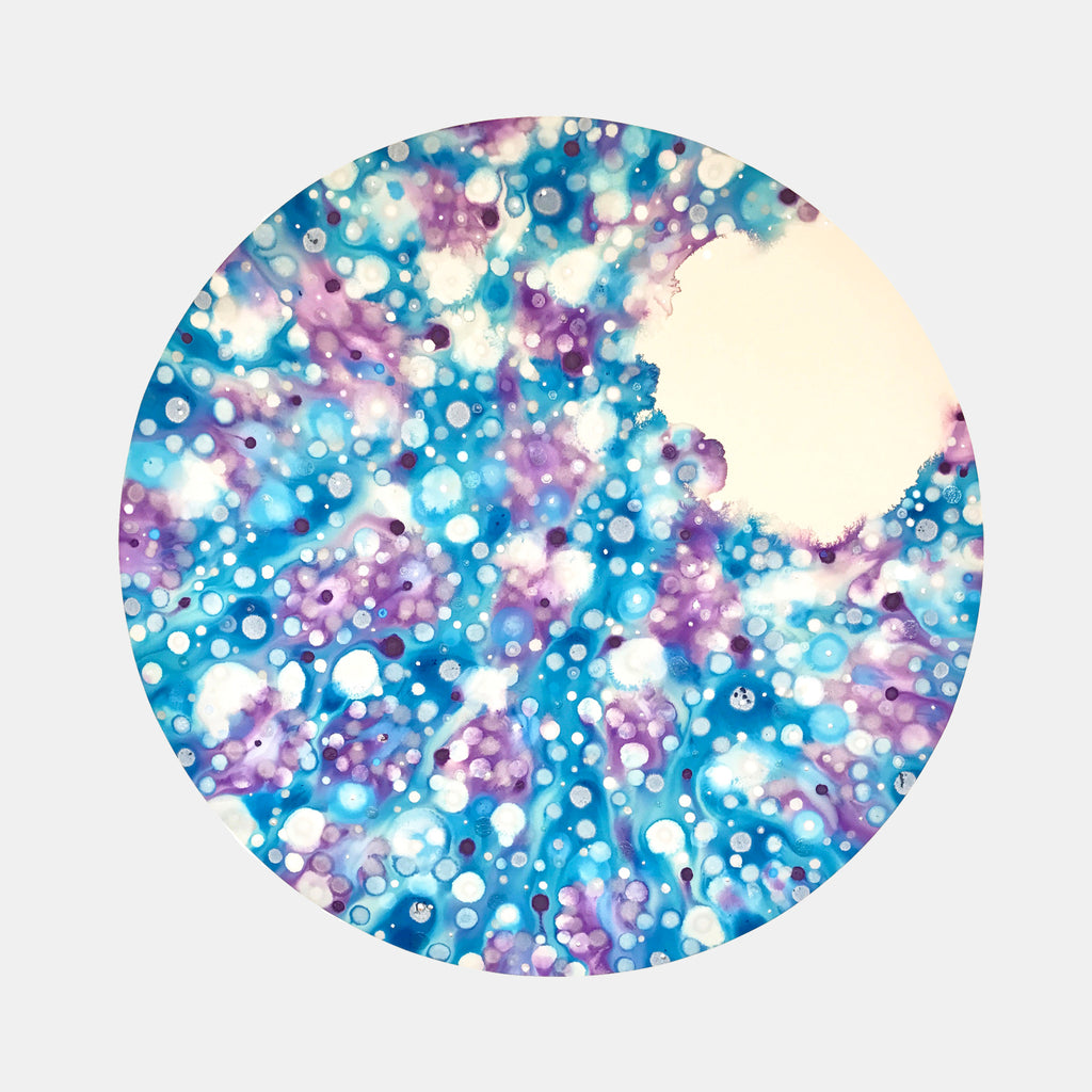 The artwork 'Empress of Stars' by Eric Jiaju Lee features a circular composition with ethereal swirls of turquoise and purple, dotted with luminous white spheres resembling a cosmic nebula. A bright circular void in cream white anchors the upper right, suggesting a celestial moon amidst a galaxy of twinkling stars. The 60-inch acrylic painting creates a dreamy, astronomical effect through its fluid color transitions and dotted texture. By Eric Ji