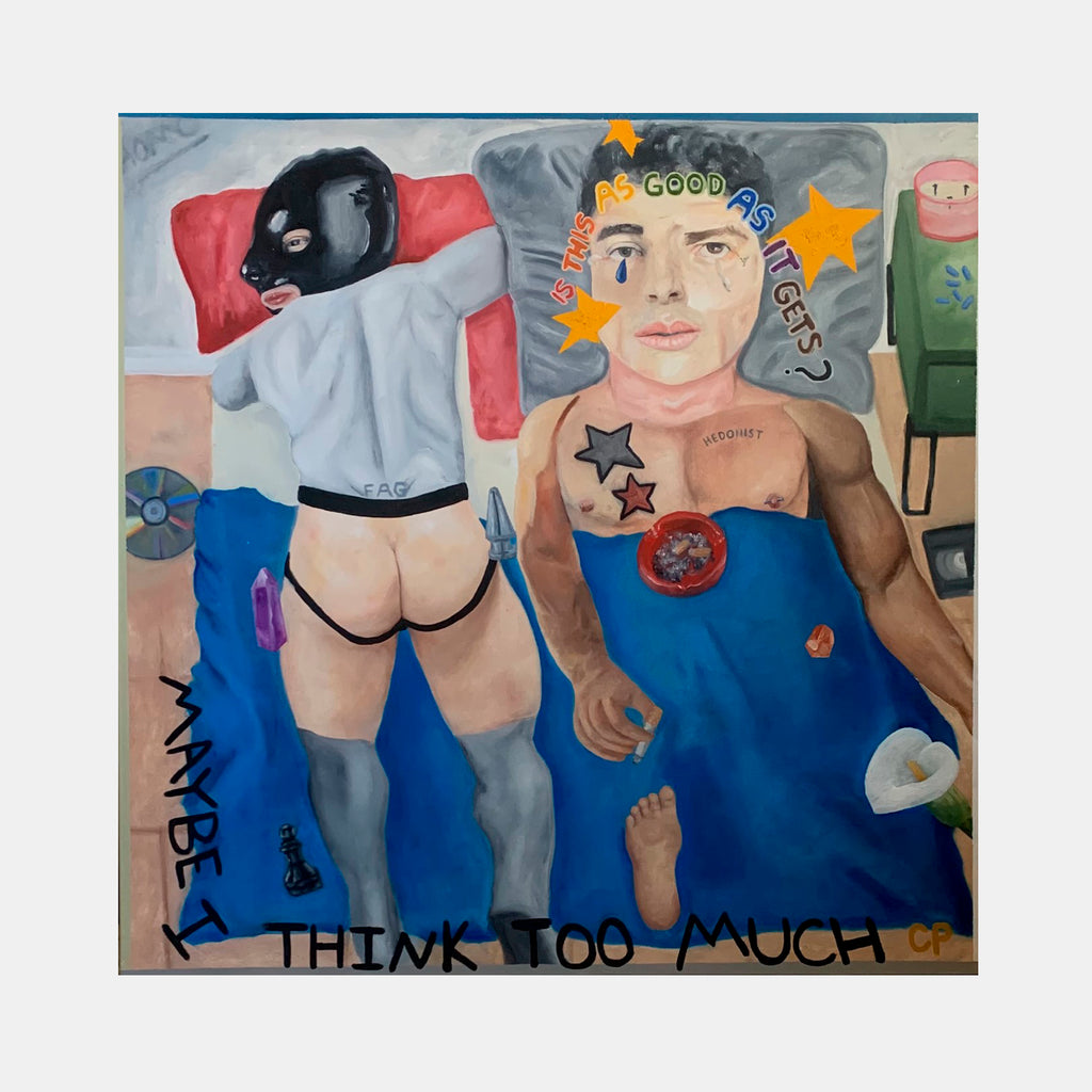 The artwork 'Empty' features a contemporary surrealist composition with abstract figures on a pastel background. A vibrant color palette includes bold blue, red, and gray tones. Text elements and star shapes are incorporated throughout the 36x36 inch oil painting, creating a thought-provoking narrative. Distinctive geometric forms and symbolic elements blend with expressive brushwork by Cole Richard Puetz.