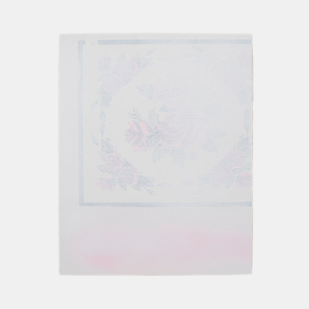 The artwork 'Empty Letter' by Troy Medinis features a minimalist composition with delicate gesso transfer technique on a white background. Subtle pink undertones blend with misty gray textures, creating an ethereal atmospheric effect. The 10x8 inch piece showcases a refined interplay of spray paint and gesso, resulting in a soft, dreamlike abstraction. By Troy Medinis.