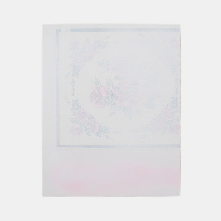 The artwork 'Empty Letter' by Troy Medinis features a minimalist composition with delicate gesso transfer technique on a white background. Subtle pink undertones blend with misty gray textures, creating an ethereal atmospheric effect. The 10x8 inch piece showcases a refined interplay of spray paint and gesso, resulting in a soft, dreamlike abstraction. By Troy Medinis.
