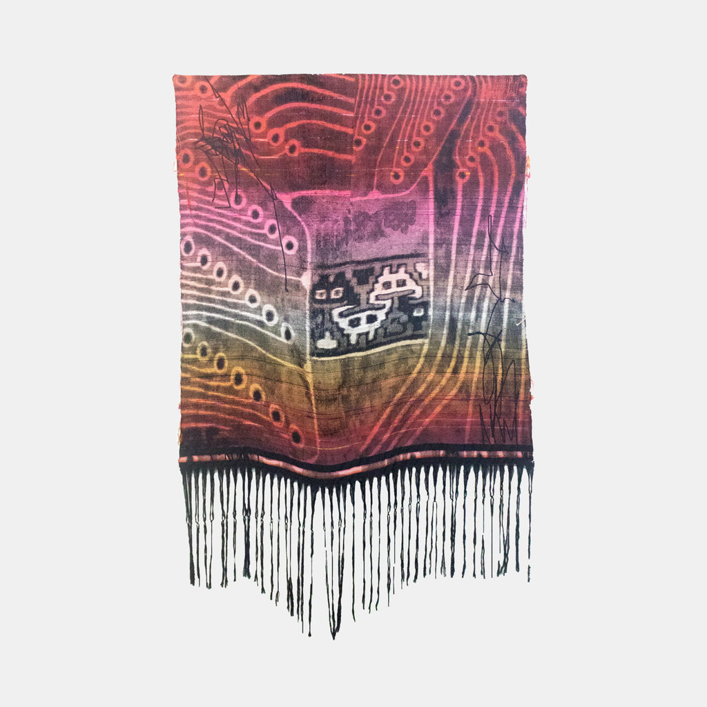 The artwork 'Encrypted' by Robin Kang features a mesmerizing jacquard weaving with circuit-like patterns in gradient colors from deep pink to yellow and black. Abstract geometric designs flow in waves across the textile, enhanced by delicate loops and lines reminiscent of electronic circuitry. The piece is completed with dramatic black fringe detailing along the bottom edge, hand-woven using cotton, tencel, and synthetic fibers.