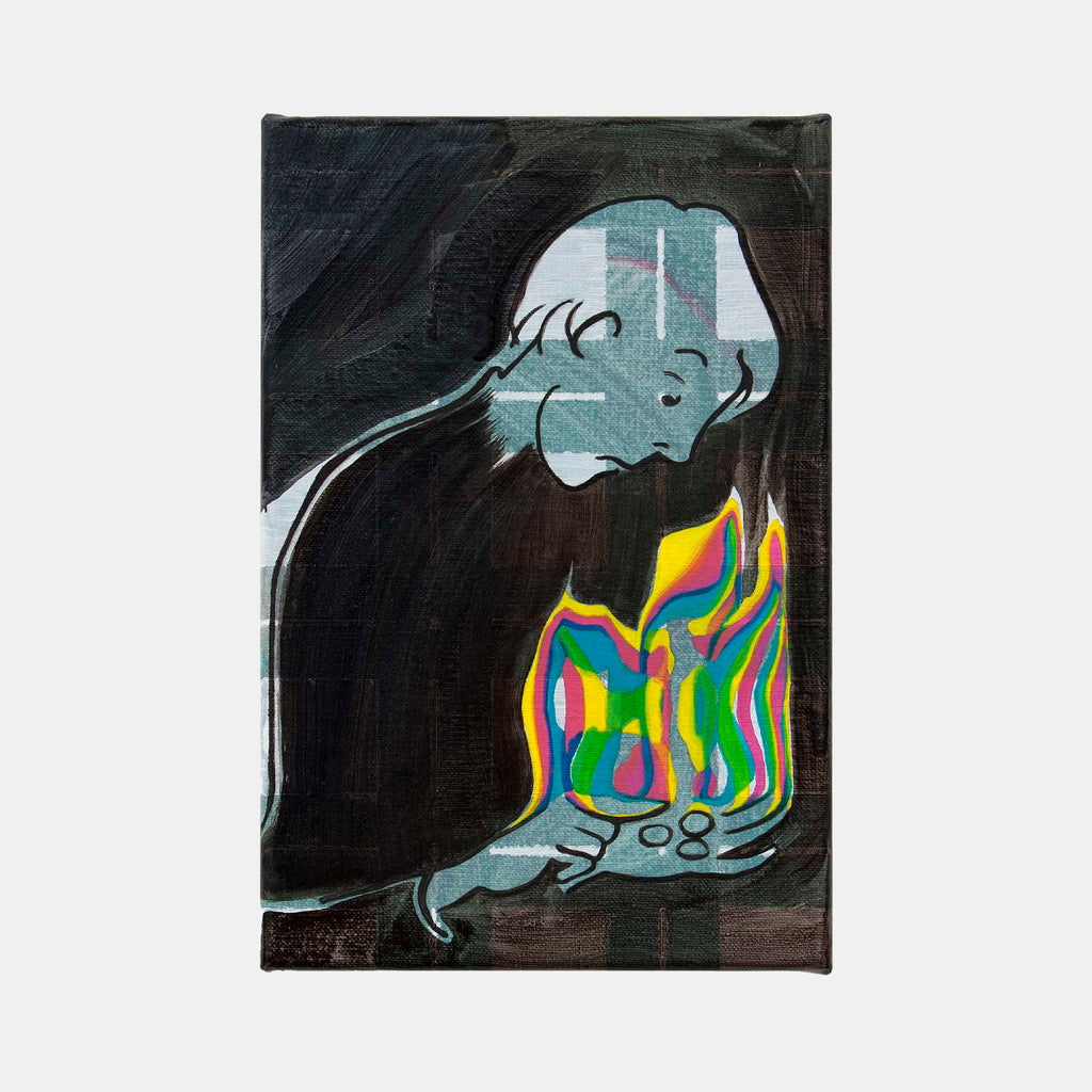 The artwork 'End of Month' by Christian Perdix depicts a silhouetted figure gazing downward at vibrant, rainbow-colored flames held in their hands against a dark background. The painting combines oil and acrylic on cotton, featuring bold contrasts between the monochromatic figure and the psychedelic fire motif, creating a contemplative and surreal atmosphere.