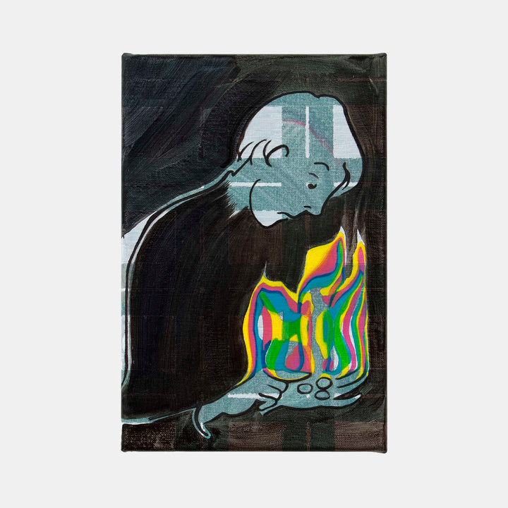 The artwork 'End of Month' by Christian Perdix depicts a silhouetted figure gazing downward at vibrant, rainbow-colored flames held in their hands against a dark background. The painting combines oil and acrylic on cotton, featuring bold contrasts between the monochromatic figure and the psychedelic fire motif, creating a contemplative and surreal atmosphere.