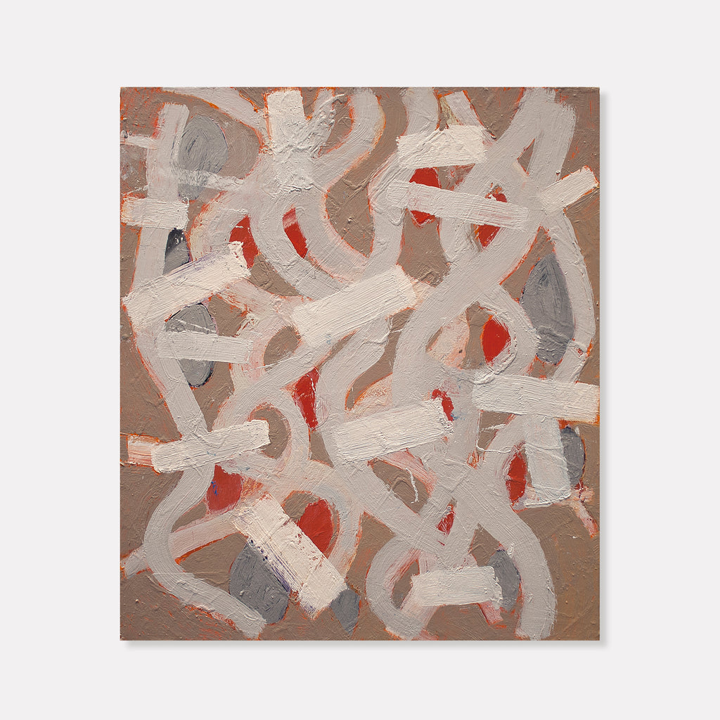 The artwork 'End of Season' by Julie Shapiro features bold abstract brushstrokes in white creating sweeping curved patterns against a warm brown background, with pops of vibrant red and muted gray peeking through. The oil painting exhibits dynamic movement through interwoven gestural marks, creating a textured, layered composition on canvas.
