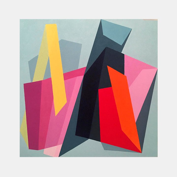 The artwork 'Entering that Phase' features bold geometric shapes in vibrant colors including yellow, pink, red, and teal arranged in dynamic angular compositions. Abstract triangular and rectangular forms cast dramatic shadows, creating depth and movement across the oil painting's mint green background. By Kati Vilim.