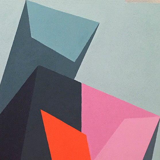 The artwork 'Entering that Phase' by Kati Vilim features bold geometric shapes in contrasting colors of turquoise, charcoal grey, vibrant orange, and pink. Angular forms create a dynamic composition on oil canvas, expressing architectural elements through abstract minimalism. The sharp edges and overlapping shapes suggest depth and movement. By Kati Vilim.
