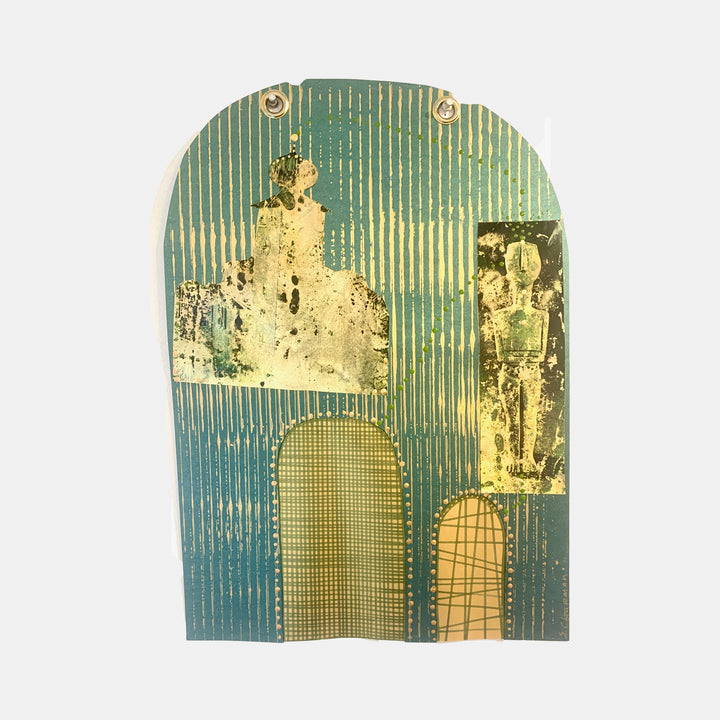 The artwork 'Enter the Temple' by Sunny Chapman features a mixed-media collage on metallic paper with an arch-shaped composition. Vertical striped patterns in teal and gold create architectural elements, while distressed monotype prints add textural depth. Abstract geometric forms suggest doorways and ancient structures, complemented by grid patterns in muted earth tones.