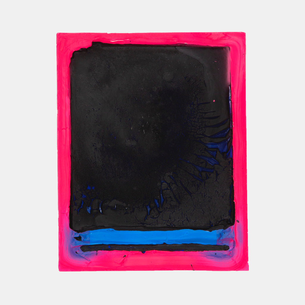 The artwork 'Epitaph' by Troy Medinis features a stark black rectangular form framed by vibrant hot pink borders. A striking electric blue horizontal line cuts across the bottom, while subtle blue accents ripple through the textured black surface. Created with spray paint, ink, and gouache, the piece exhibits a modern abstract style with rich textural elements achieved through molding paste.