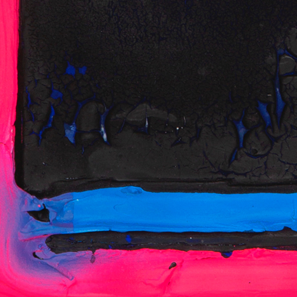 The artwork 'Epitaph' by Troy Medinis features a stark black rectangular form framed by vibrant hot pink borders. A striking electric blue horizontal line cuts across the bottom, while subtle blue accents ripple through the textured black surface. Created with spray paint, ink, and gouache, the piece exhibits a modern abstract style with rich textural elements achieved through molding paste.