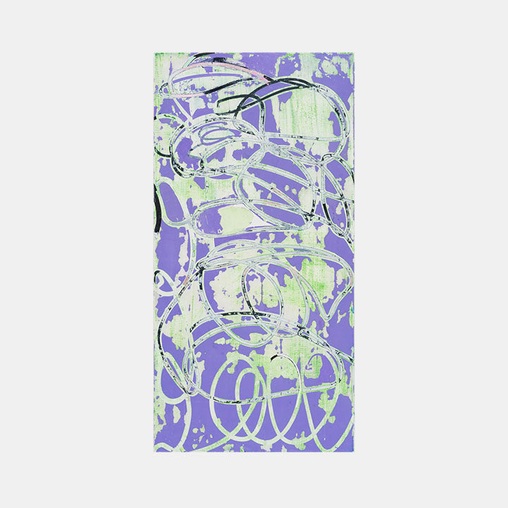 The artwork 'Equals' by Mary Didoardo features dynamic swirling brushstrokes in lavender and mint green tones against a light background. Abstract expressionist composition with energetic curved lines and gestural marks creates a sense of movement. Oil paint on wood panel showcases textural elements and spontaneous artistic technique, measuring 40 inches high by 20 inches wide. By Mary Didoardo