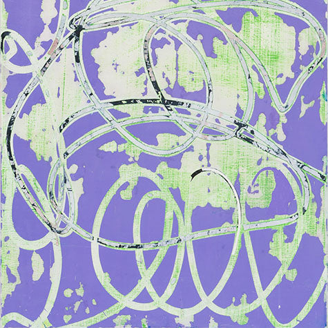 The artwork 'Equals' features dynamic swirling white brushstrokes against a vibrant purple and mint green background, creating an abstract expressionist composition. The fluid lines intersect and overlap, suggesting continuous movement and rhythm across the wooden panel. The textural oil paint application adds depth and dimension. By Mary Didoardo.