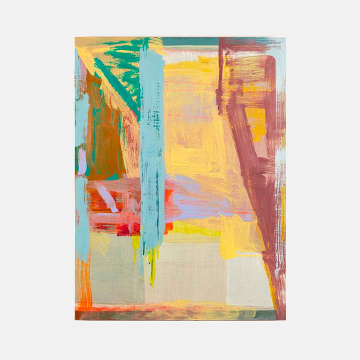 The artwork 'Erasher' features bold abstract brushstrokes in vibrant turquoise, yellow, and coral hues, creating dynamic vertical forms against a soft beige background. The oil painting on birch showcases energetic gestural marks and layered translucent colors, expressing movement and spatial depth through contrasting warm and cool tones. By Molly Herman.