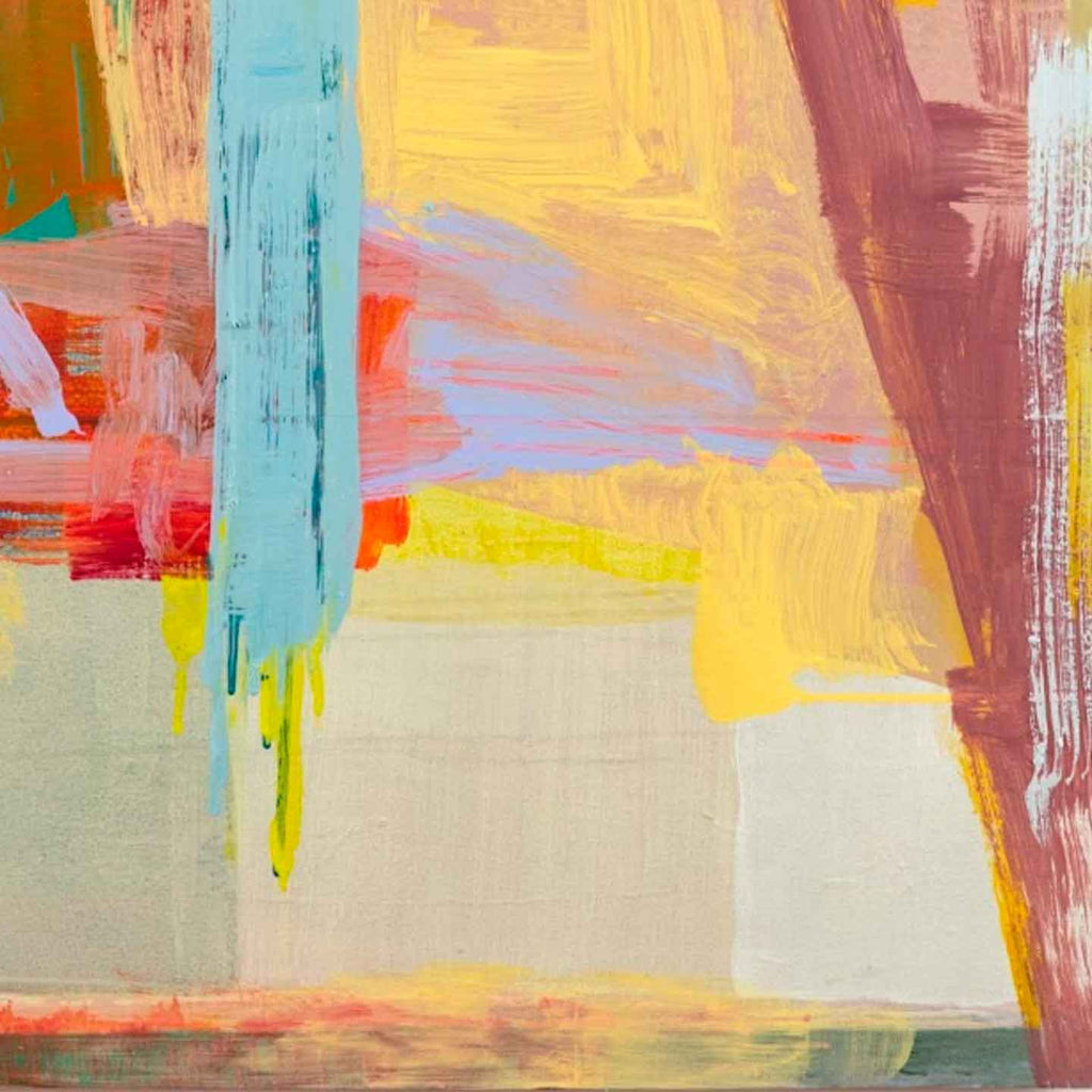 The artwork 'Erasher' features bold abstract brushstrokes in vibrant turquoise, yellow, coral, and burgundy colors against a neutral beige background. Dynamic vertical strokes create movement across the composition, while textured oil paint application on birch adds depth and expressionist energy. This 40x30 inch contemporary abstract painting by Molly Herman.