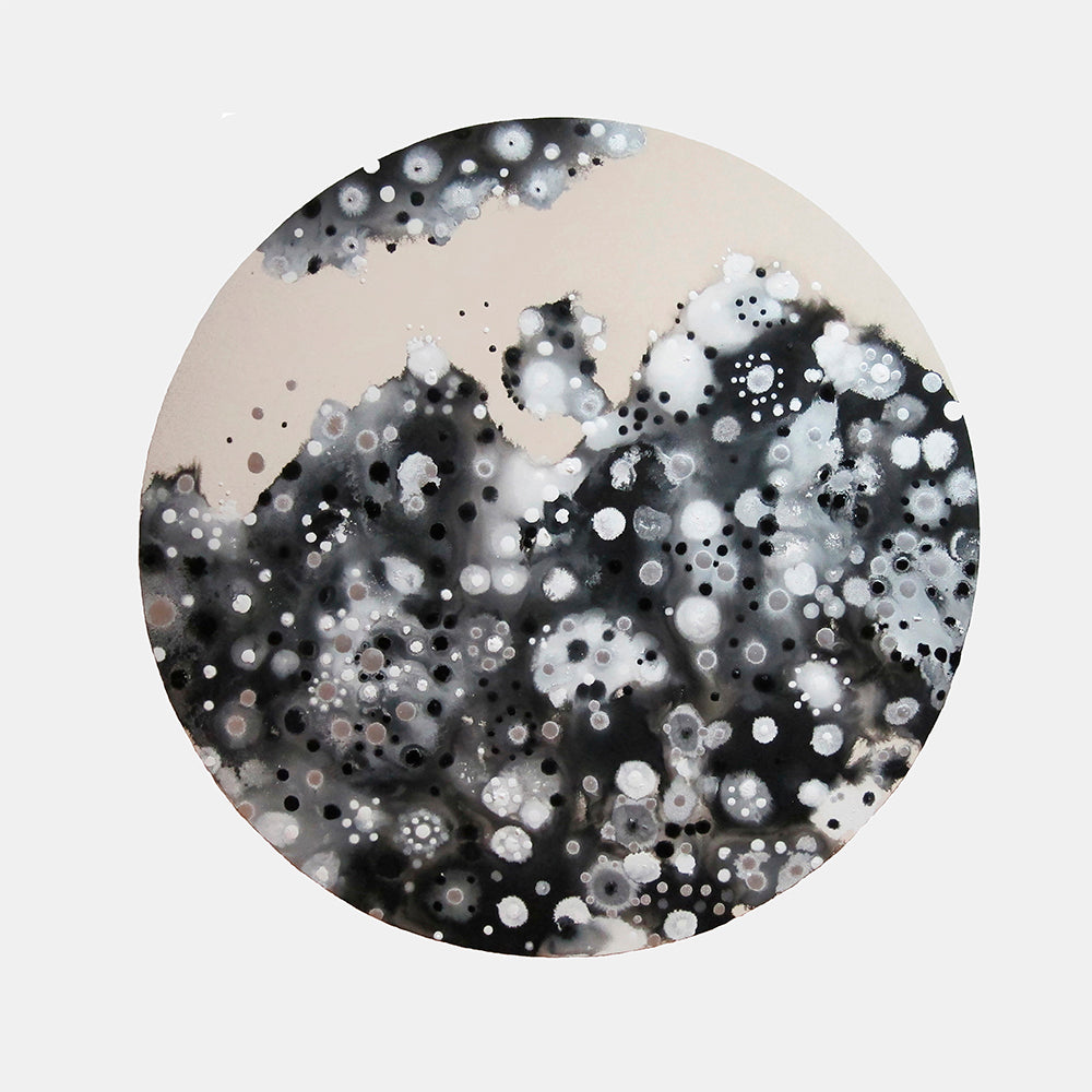 The artwork 'Luna's Landing' by Eric Jiaju Lee features a circular composition with ethereal bokeh-like effects in monochromatic tones. Abstract dots and spheres in varying shades of black, white, and gray create a cosmic atmosphere, reminiscent of celestial bodies against a soft beige background. The 60-inch acrylic painting showcases a dreamy, atmospheric style with floating organic forms by Eric Jiaju Lee.