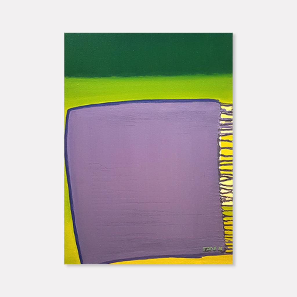 The artwork 'Escape Artist' by Jade Chan features a bold abstract composition with a large lavender rectangular form against a vibrant lime-yellow background and deep forest green top section. The right edge shows a striking pattern of vertical yellow and white stripes, creating dynamic tension in this modern oil painting.
