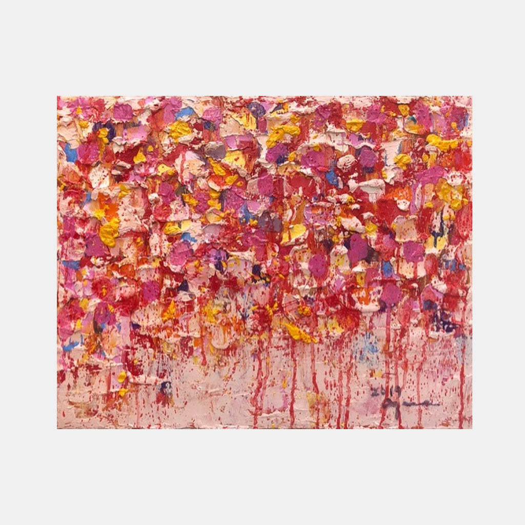 Eternal Candlelights for You by Ayane Kurai features an abstract oil painting with cascading vibrant red, pink, and yellow brushstrokes resembling melting candlelight. The textured impasto technique creates a dynamic dripping effect, with splashes of blue accents and white highlights against a pale pink background, capturing the ethereal movement of flickering flames.