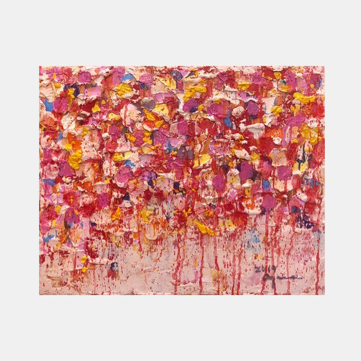 Eternal Candlelights for You by Ayane Kurai features an abstract oil painting with cascading vibrant red, pink, and yellow brushstrokes resembling melting candlelight. The textured impasto technique creates a dynamic dripping effect, with splashes of blue accents and white highlights against a pale pink background, capturing the ethereal movement of flickering flames.