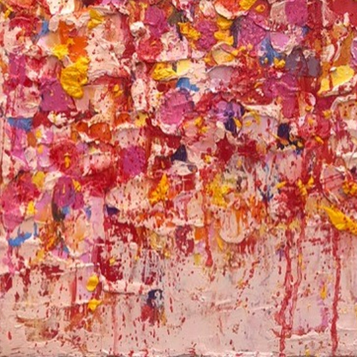 The artwork 'Eternal Candlelights for You' features an abstract expressionist composition with vibrant impasto technique, showcasing layers of textured paint in warm coral, deep crimson, and golden yellow hues. Paint strokes cascade downward, creating a dynamic melting effect against a soft pink background. Oil on canvas by Ayane Kurai.