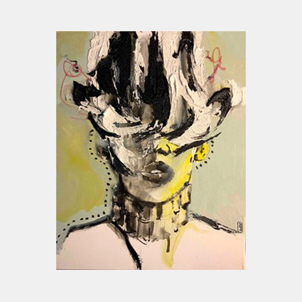 The artwork 'Expectations' by Esteban Jimenez Guerra features an abstract portrait rendered in dramatic black, white, and yellow against a soft beige background. Expressive brushstrokes and textured sand create a dynamic figure with bold contrasts. The piece showcases gestural painting techniques in acrylic with mixed media elements, creating a striking contemporary composition on canvas.