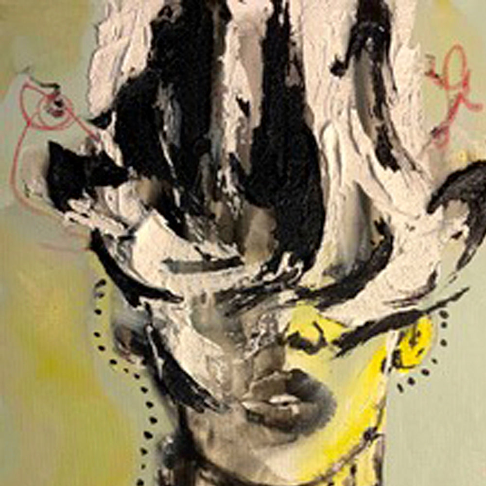The artwork 'Expectations' by Esteban Jimenez Guerra features an abstract portrait in dramatic black and white brushstrokes with textural sand elements. Bold yellow accents and dotted details contrast against a muted olive background. The piece showcases expressive impasto technique and dynamic movement through gestural paint application.