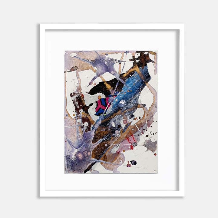 The artwork 'Experiment_39' by Renee Phillips features an abstract mixed-media composition with dynamic splashes of blue, purple, and brown tones. Torn NYC billboard fragments merge with acrylic paint, creating fluid movement and organic shapes against a white background. Paint splatters and gestural marks add textural depth and spontaneous energy to this 9x6 inch piece.