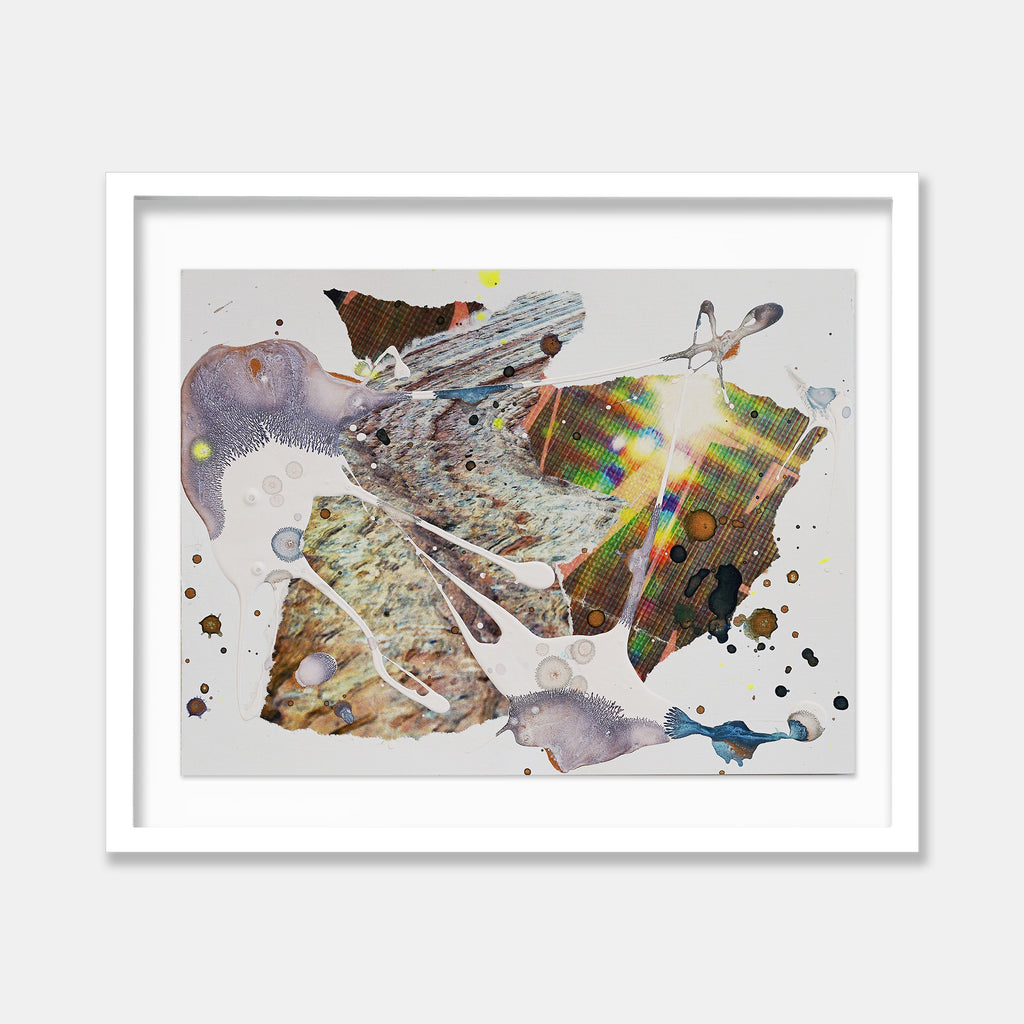 The artwork 'Experiment_48' by Renee Phillips features an abstract mixed-media composition with torn billboard fragments from NYC creating dynamic shapes in muted purples and browns, overlaid with iridescent holographic patterns and splatter effects. Textural elements blend acrylic paint and photographic elements on white archival paper, creating a collage-like aesthetic.